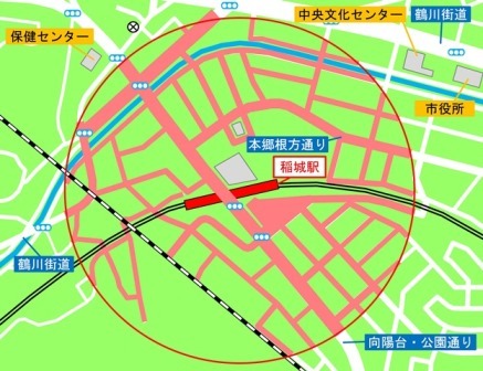 地図：稲城駅周辺の自転車等放置禁止区域図