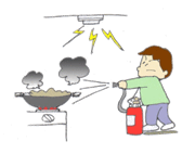 イラスト：警報機が鳴り、消火している様子